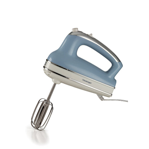 Blue hand mixer with silver whisk attachment on a white background