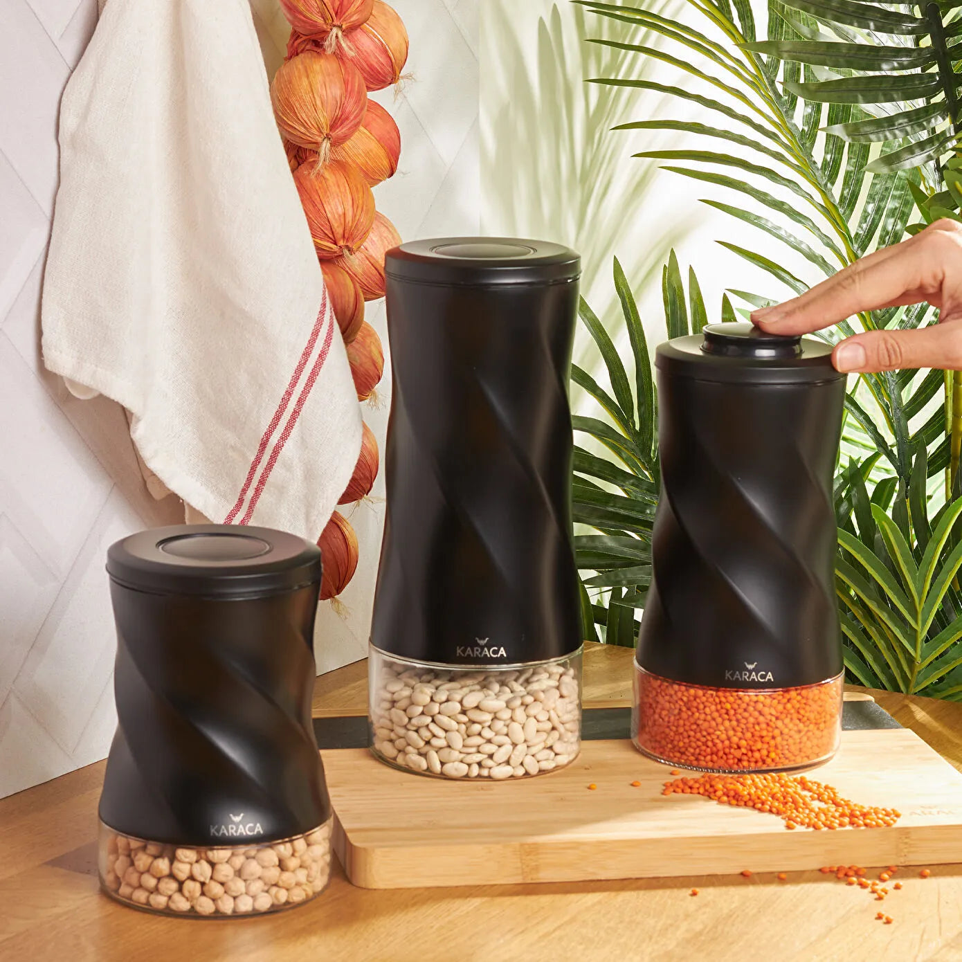 Karaca Tottori Black Vacuum Glass Storage Container Set - 3-Piece (S-M-L) - Stainless Steel & Glass