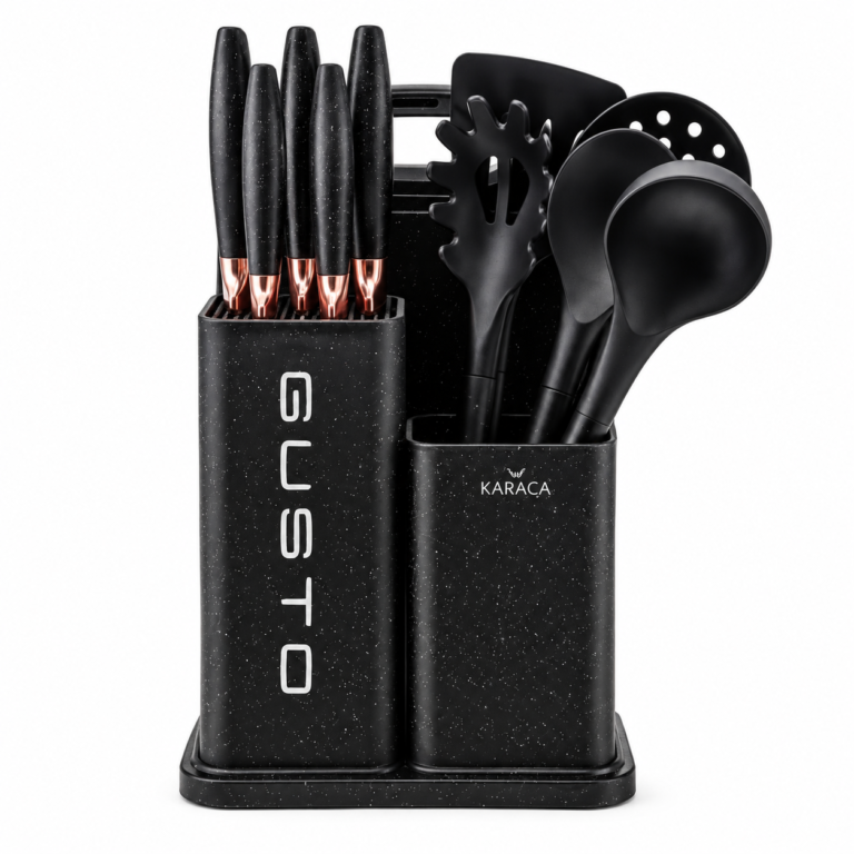 Karaca Gusto 12-Piece Knife & Kitchen Utensil Set with Block & Chopping Board – Black