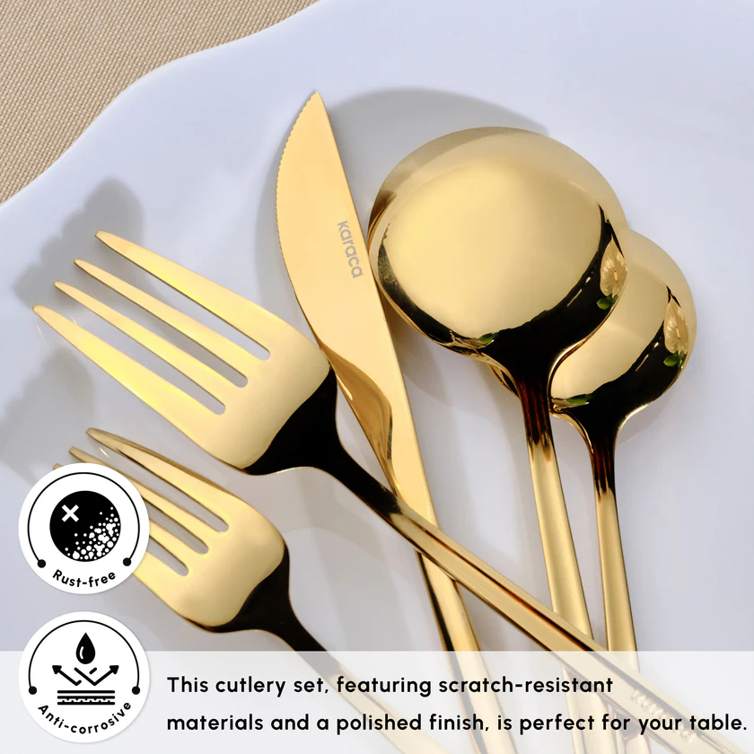Karaca Orion 30-Piece Cutlery Set 6 Person Shiny Gold 18/10 Stainless Steel