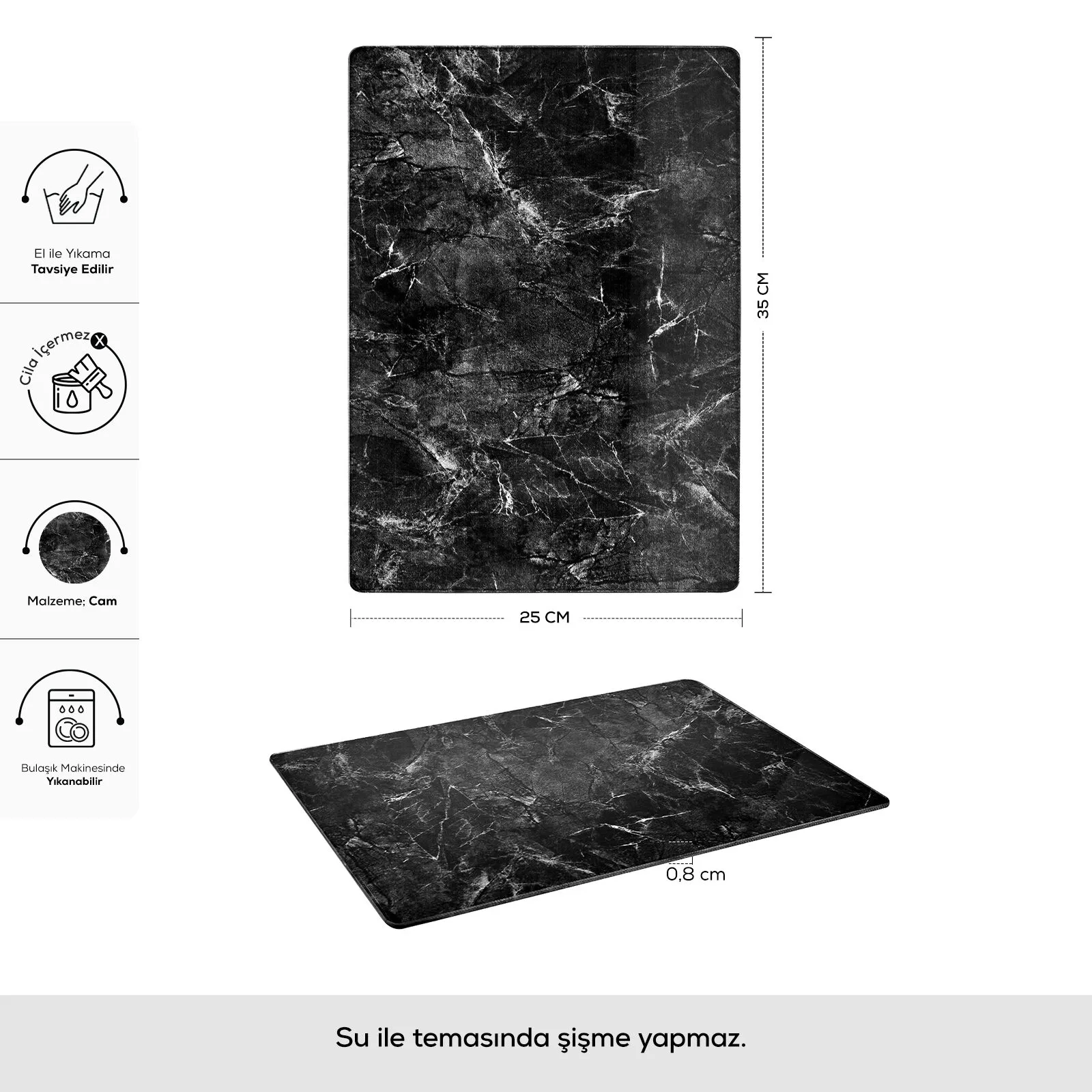 Karaca Ayaz Black Glass Cutting Board 25x35cm Non-Slip Hygienic Kitchen New