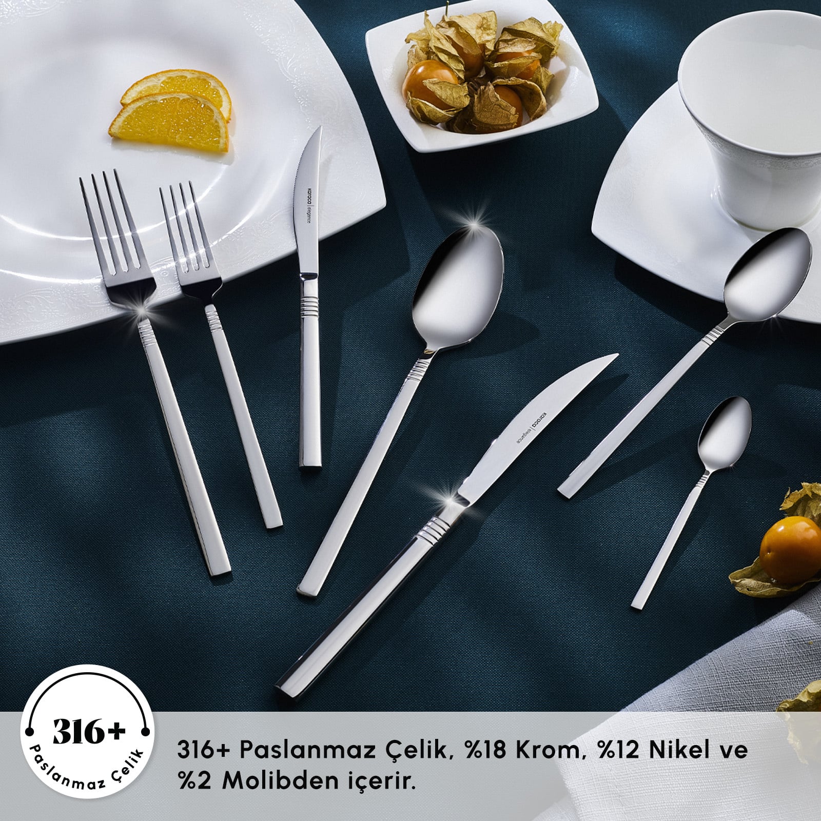 Karaca Elegance Nil Platinum 84-Piece Cutlery Set 12 Person 18/10 Steel New