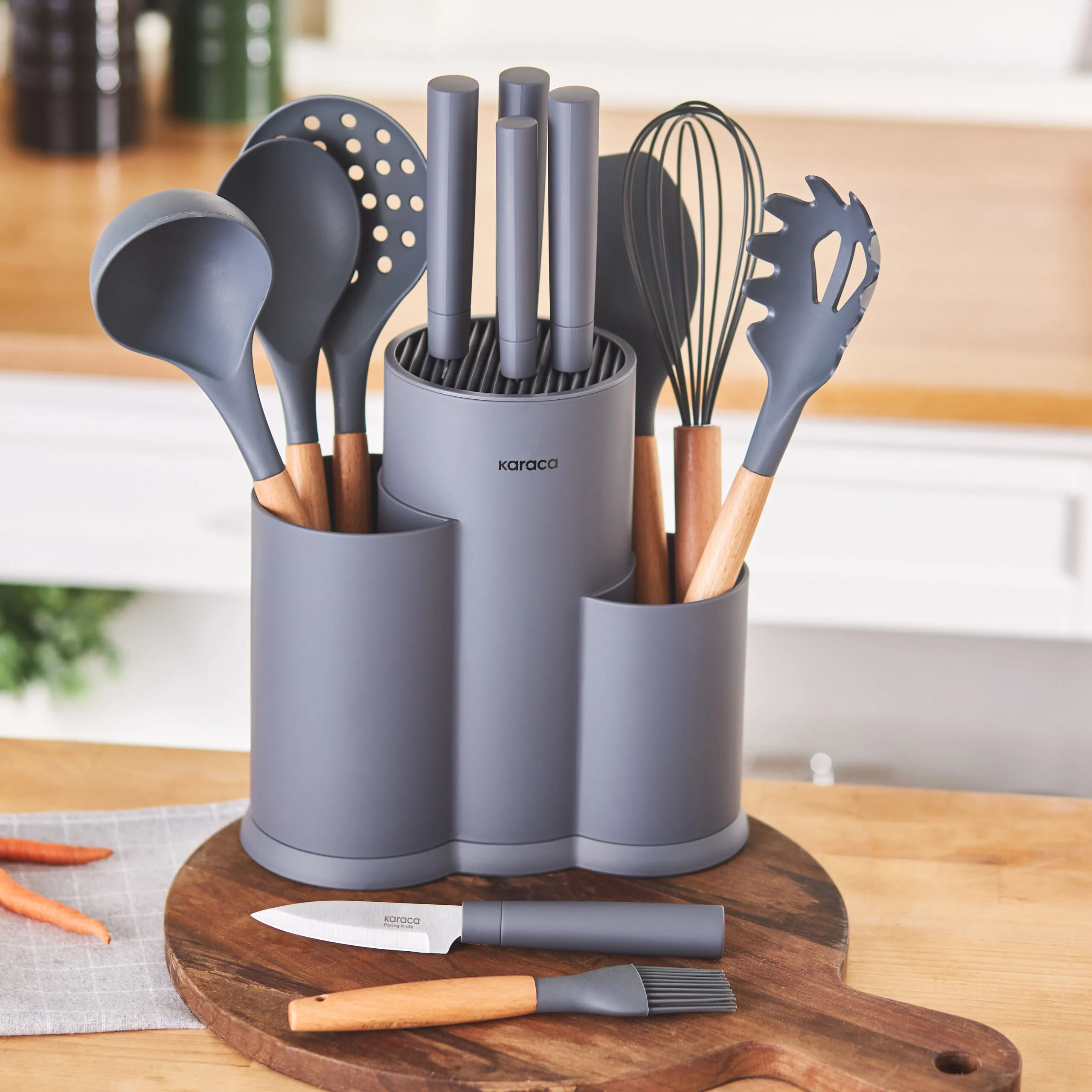 Karaca Burby 14-Piece Knife and Serving Set Grey Soft Touch Storage Block New