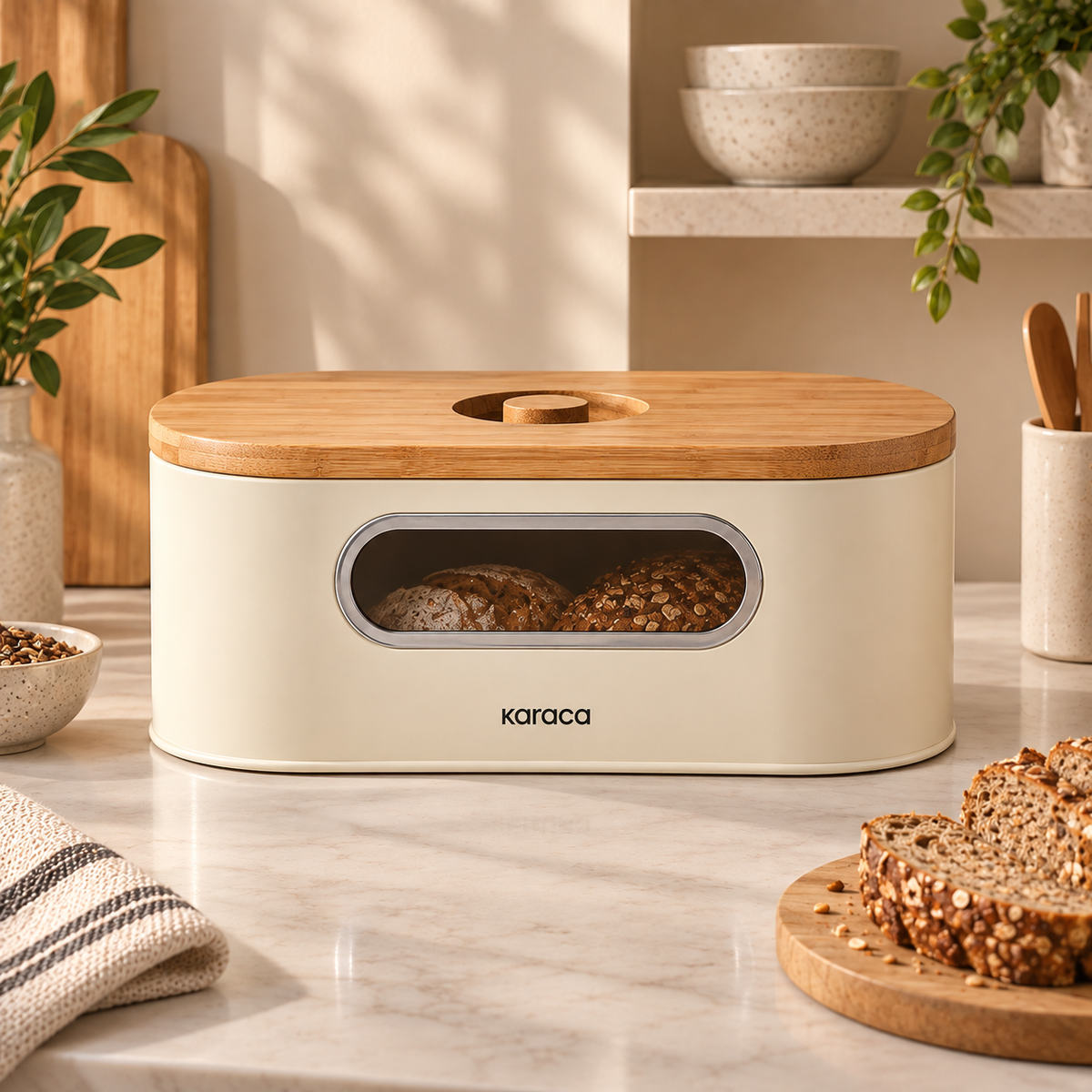 Karaca Stream 2-in-1 Cream Bread Box