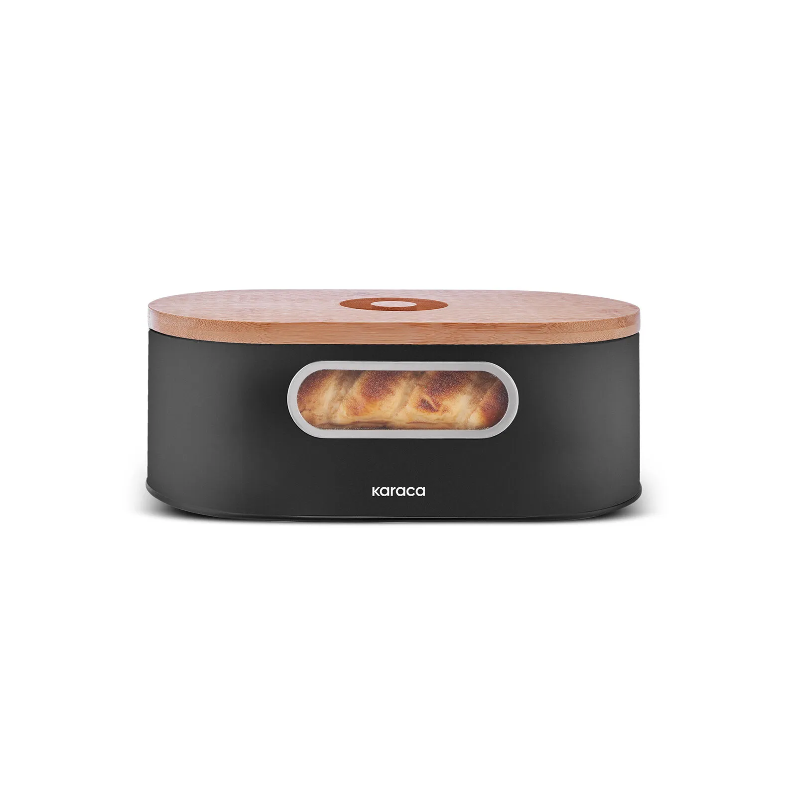Karaca Stream 2-in-1 Bread Box Black Steel Bamboo Lid Cutting Board Storage