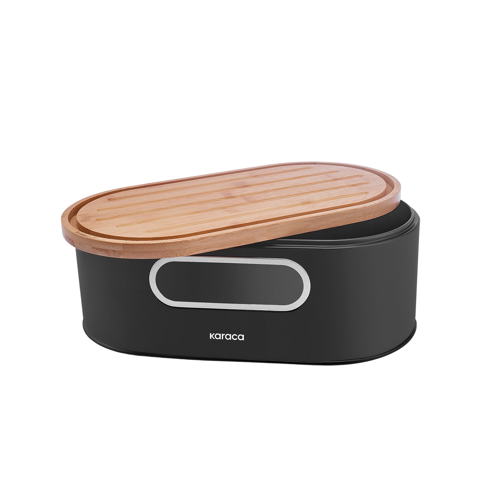 Karaca Stream 2-in-1 Bread Box Black Steel Bamboo Lid Cutting Board Storage