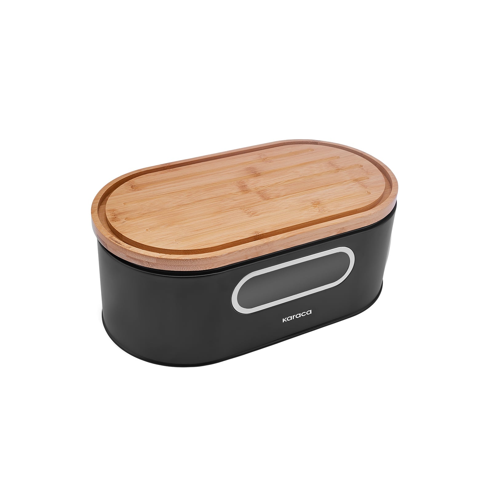 Karaca Stream 2-in-1 Bread Box Black Steel Bamboo Lid Cutting Board Storage