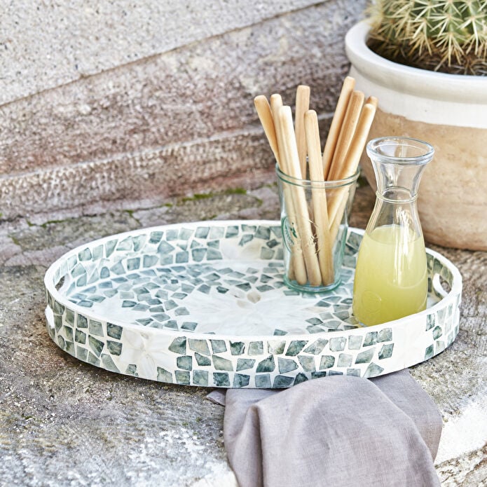 Karaca Home Katie Decorative Tray 40x27cm Capiz Shell Mosaic Water Green New
