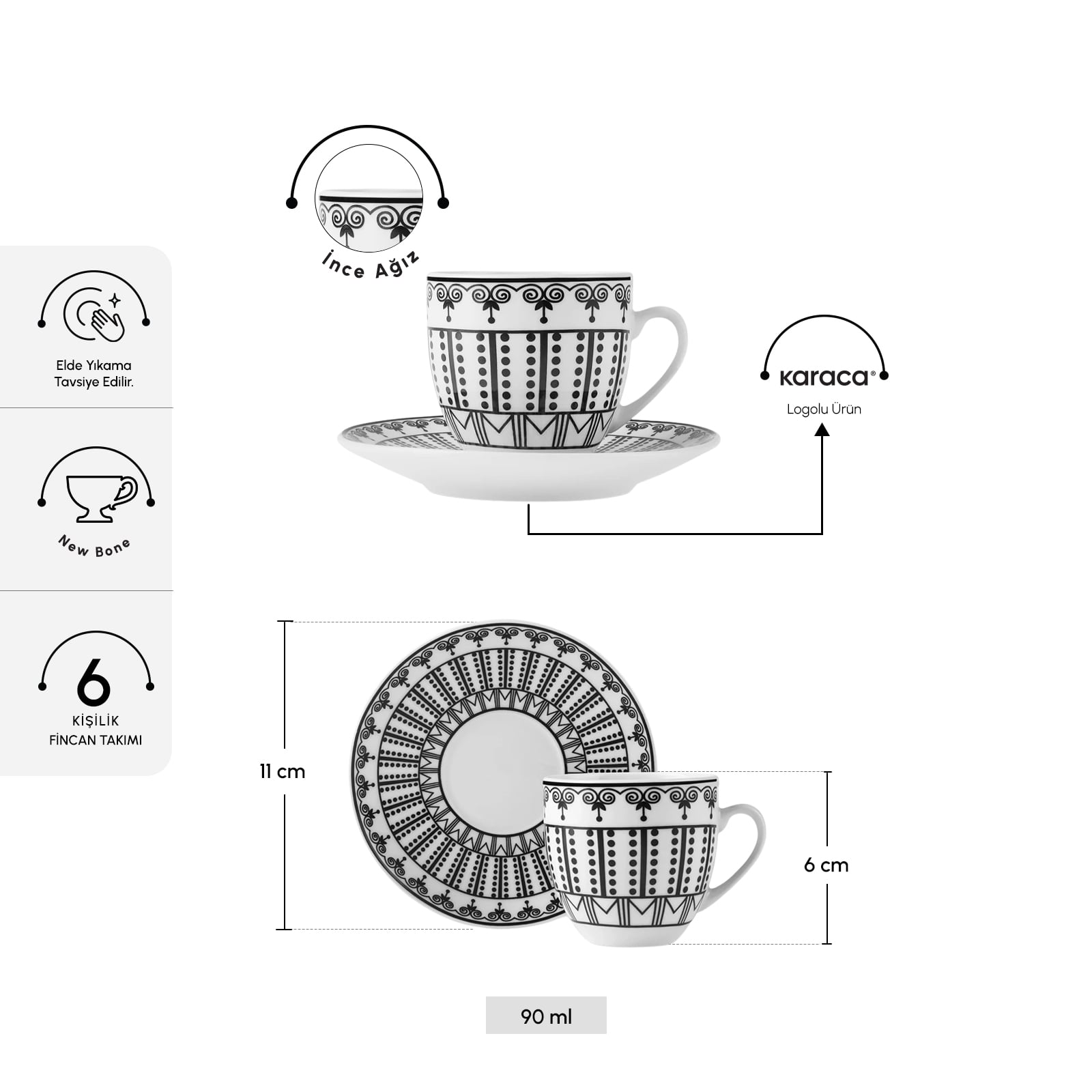 Karaca Altos 6-Piece Coffee Cup Set 90ml Bone Porcelain with Metal Stand New