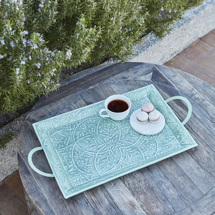 Karaca Home Donna Decorative Tray 45x30cm Aqua Green Metal Modern Serving