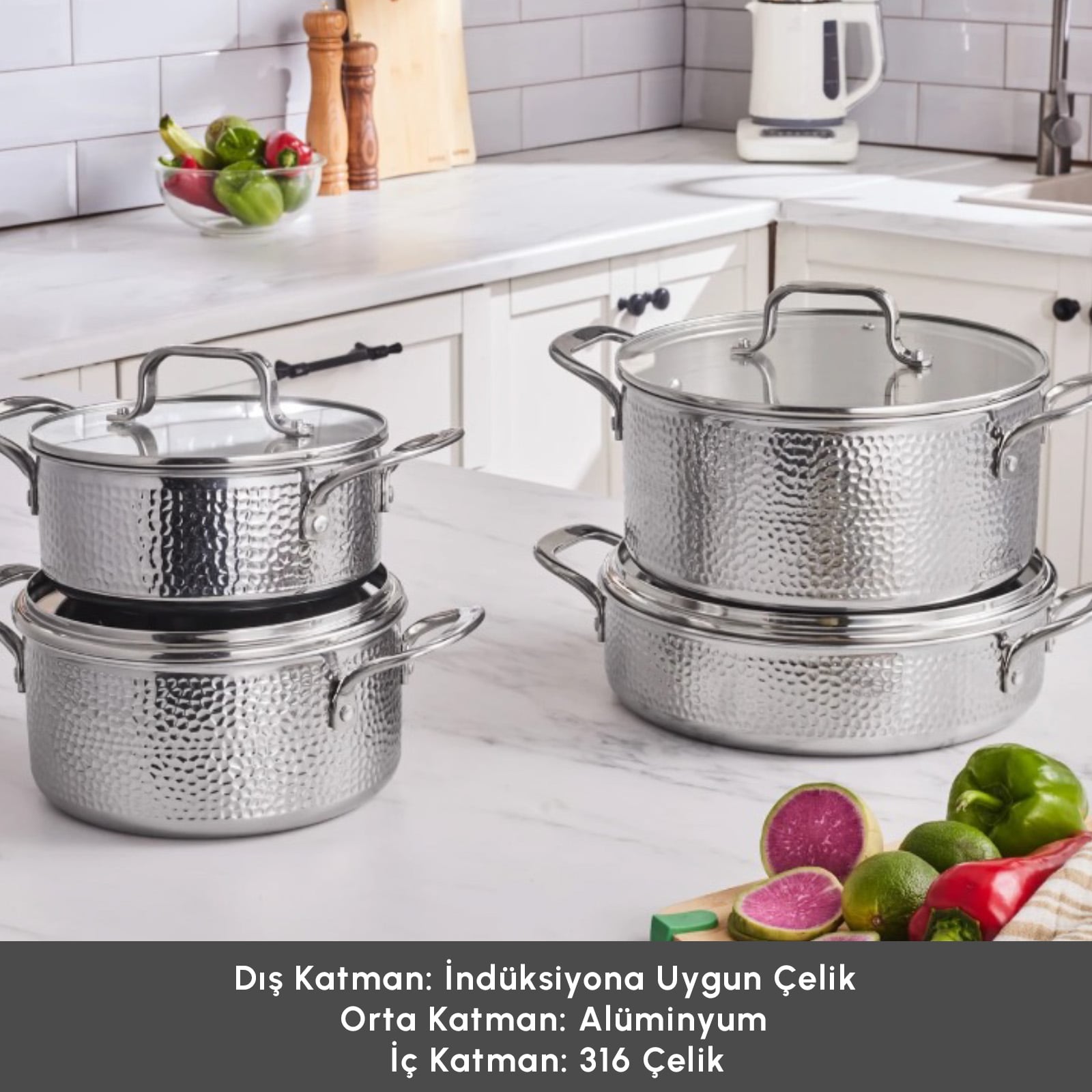 Karaca Powersteel 316+ Enzo 8-Piece Cookware Set 3-Ply Induction Steel New
