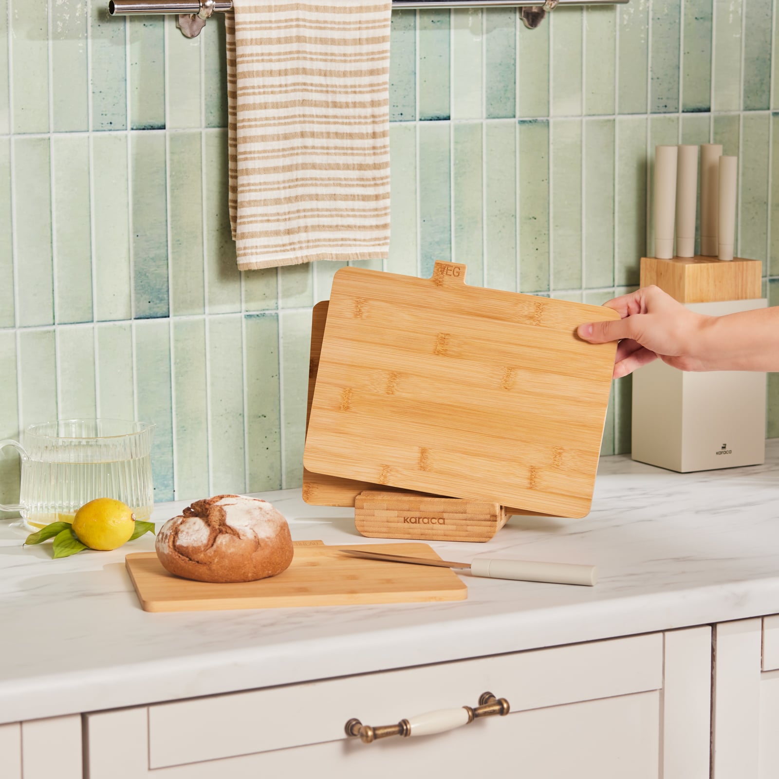 Karaca Arel 4-Piece Bamboo Cutting Board Set with Storage Holder Eco-Friendly