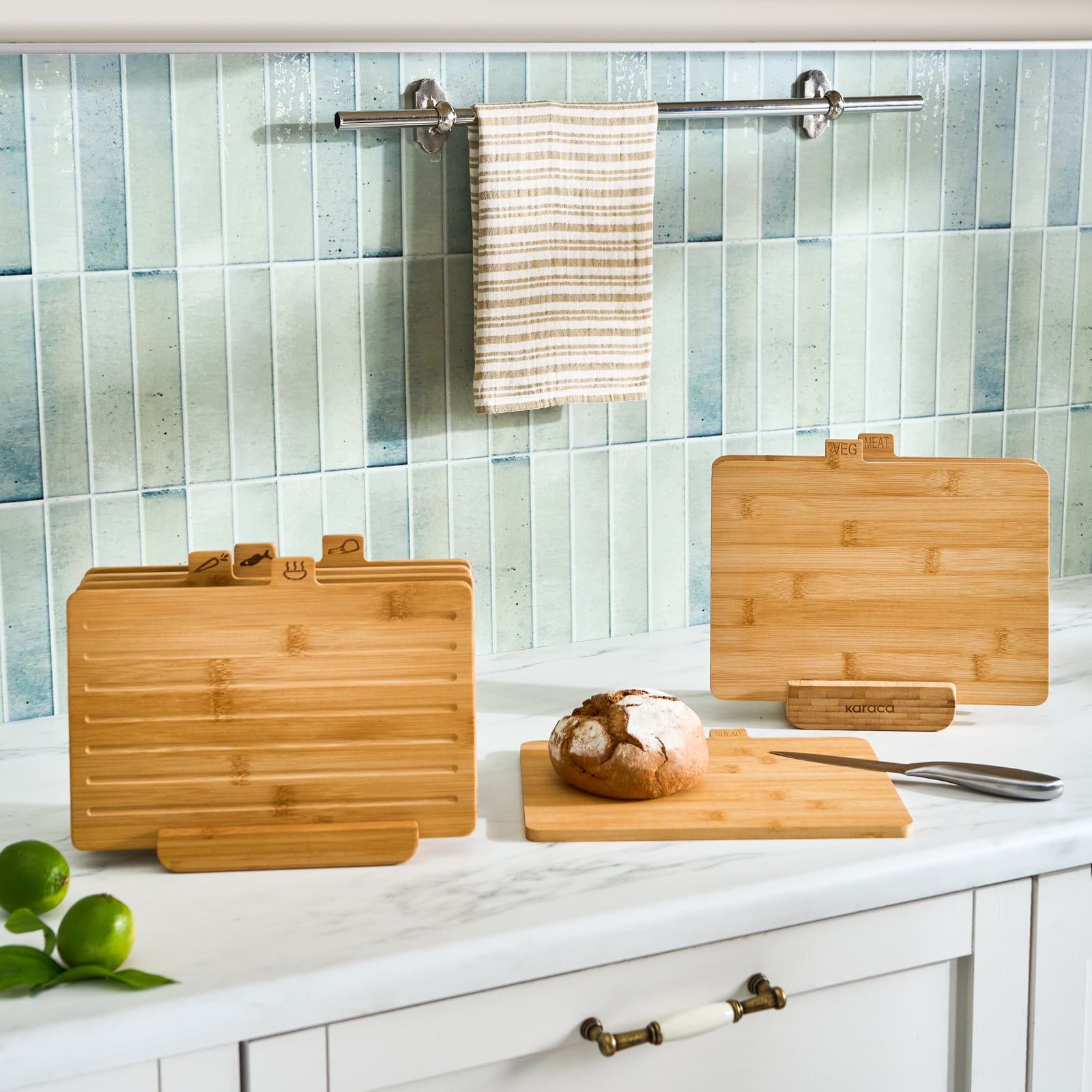 Karaca Arel 4-Piece Bamboo Cutting Board Set with Storage Holder Eco-Friendly