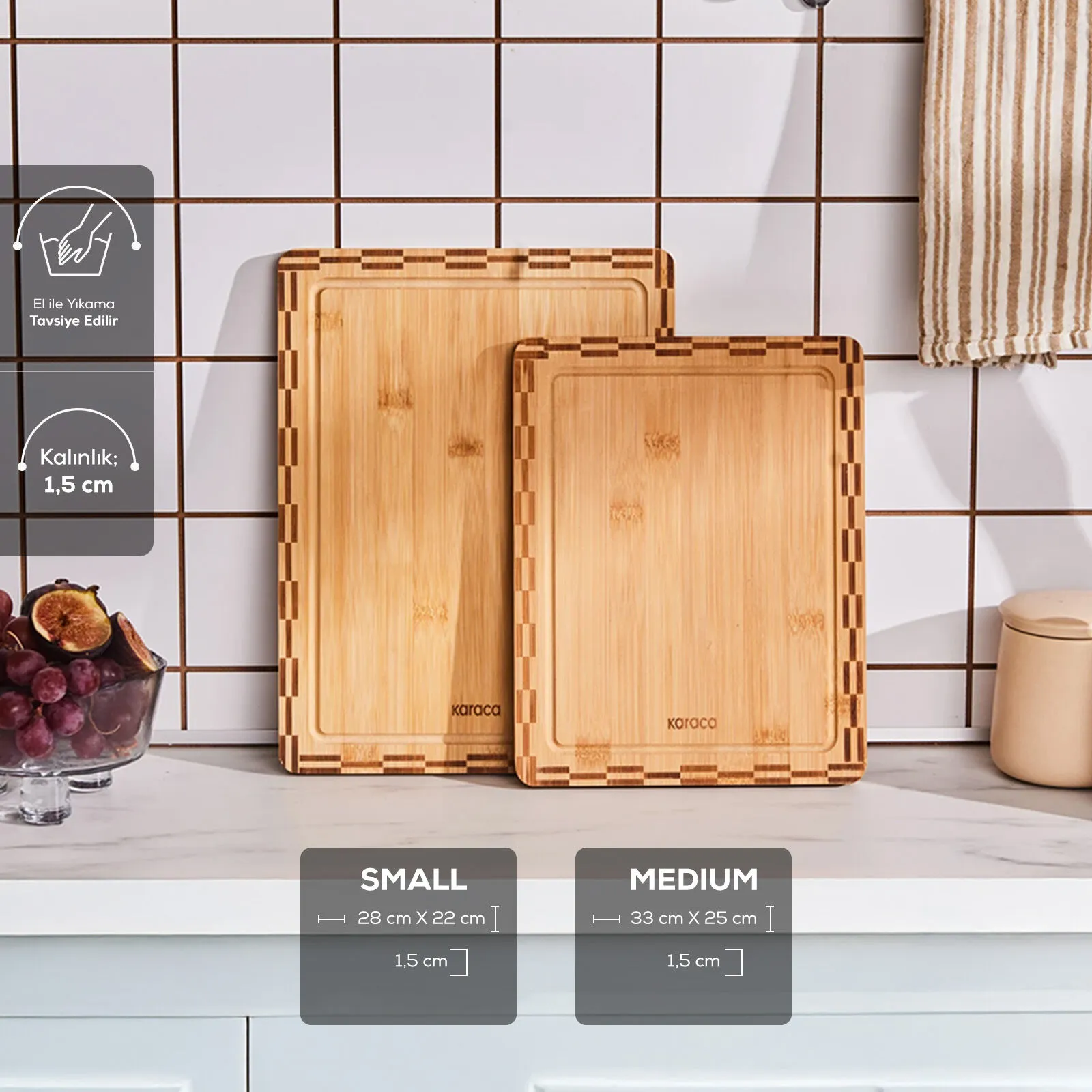 Karaca Lawn 2-Piece Bamboo Cutting Board Set Natural Wood Eco-Friendly New Set