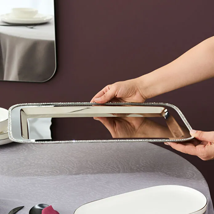 Karaca Home Majesty Serving Tray Stainless Steel Crystal Beaded Silver 42cm