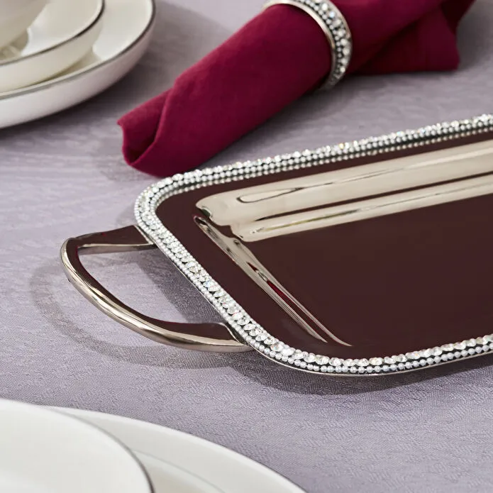 Karaca Home Majesty Serving Tray Stainless Steel Crystal Beaded Silver 45cm