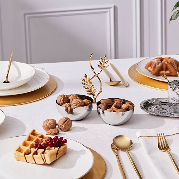 Karaca New Year Carmenta Set of 2 Snack Bowls Silver Gold Leaf Handle 18/10