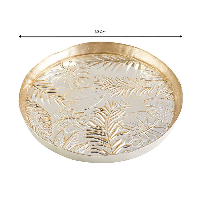 Karaca Glass Decorative Tray 32 cm Gold Leaf Pattern Round Serving Plate New