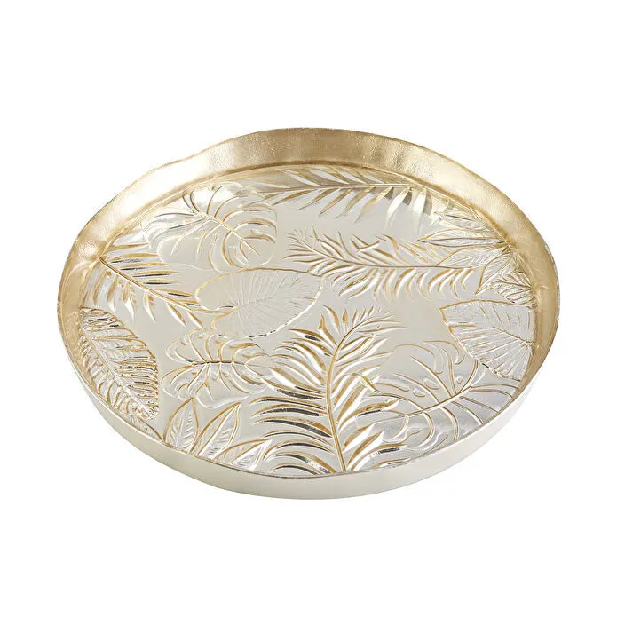 Karaca Glass Decorative Tray 32 cm Gold Leaf Pattern Round Serving Plate New