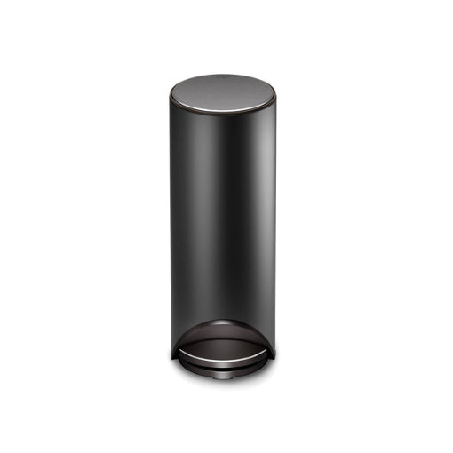 Joseph Joseph Arc 30L Easy-Push Pedal Bin in matte black color with a soft-close lid and liner storage compartment.