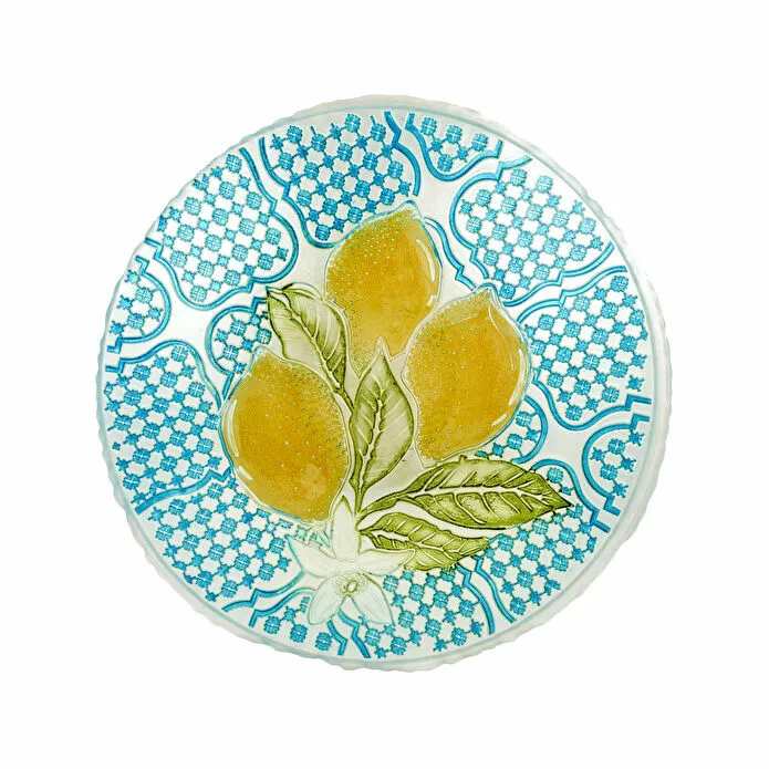 Karaca Home Lemon Decorative Plate 32 cm Glass Yellow Turquoise Pattern