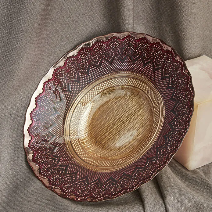 Karaca Home Palmyra Decorative Plate 33 cm Bordeaux Gold Glass Statement New