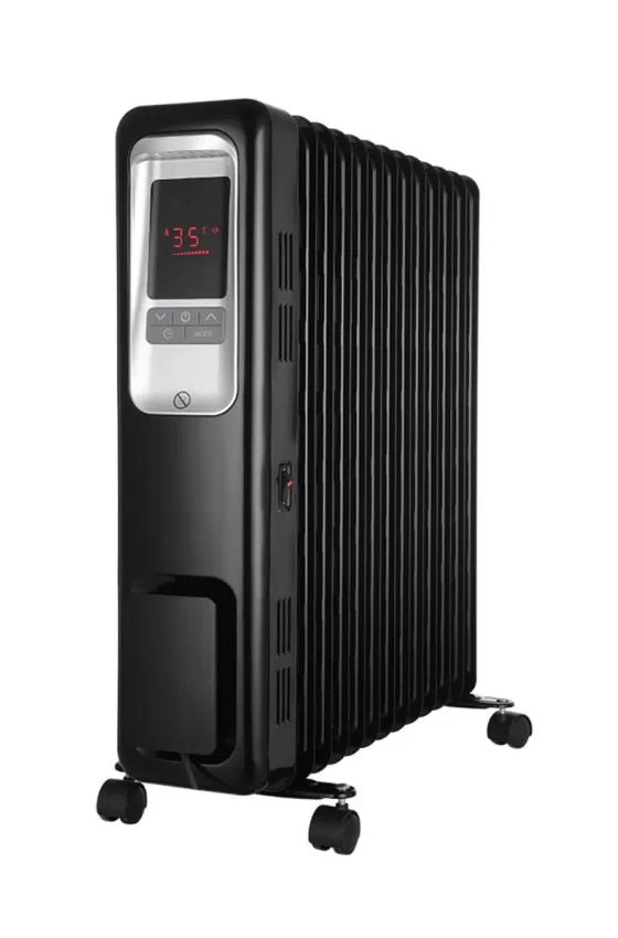 Black electric radiator with digital display on a white background