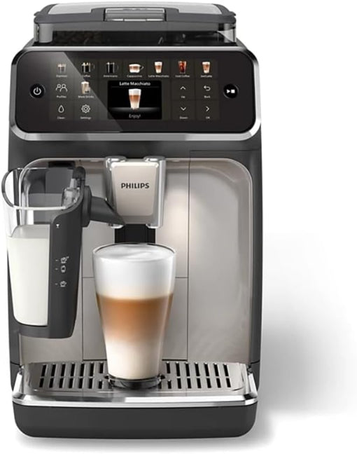 Philips coffee machine with a glass of latte on a white background