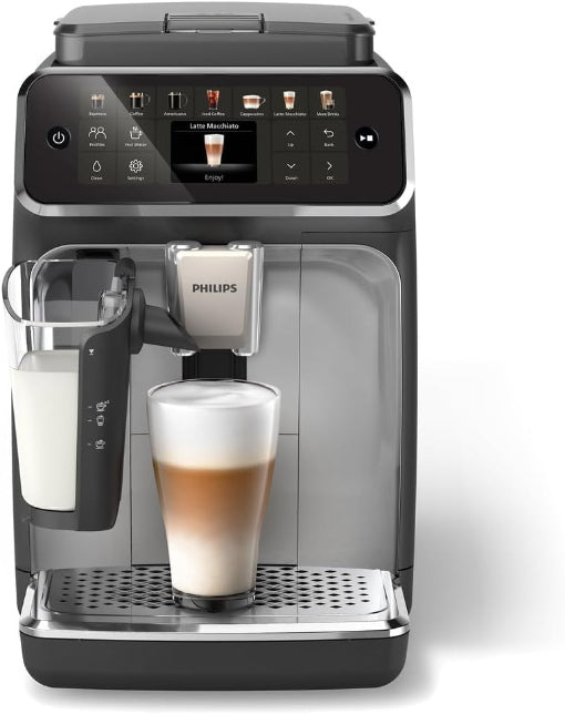 Philips coffee machine with a glass of latte macchiato on a white background