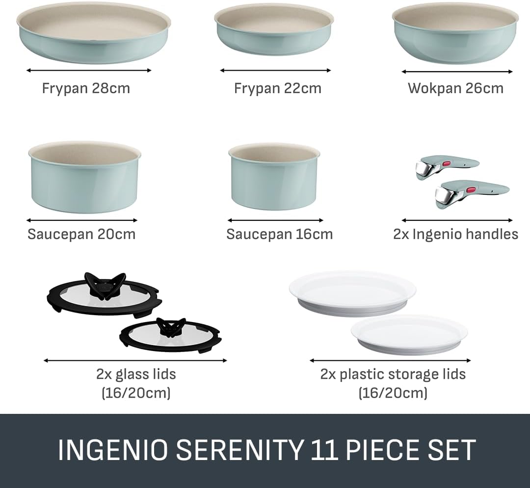 Tefal Ingenio Serenity 11-Piece Cookware Set Green Stackable Wok Pan