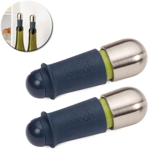 Two kitchen tools with blue silicone ends and metal caps on a white background, featuring the brand 'Joseph Joseph'.