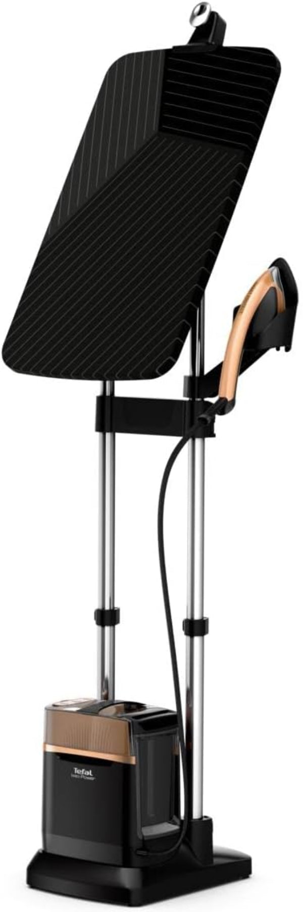 Tefal IXEO Power All-in-One Steam Iron Station with a black and copper color scheme, featuring a vertical and horizontal ironing board with an integrated handpiece for steam ironing.