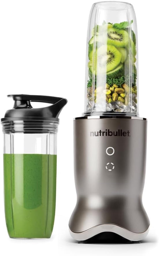 Nutribullet blender with a container of green smoothie on a white background