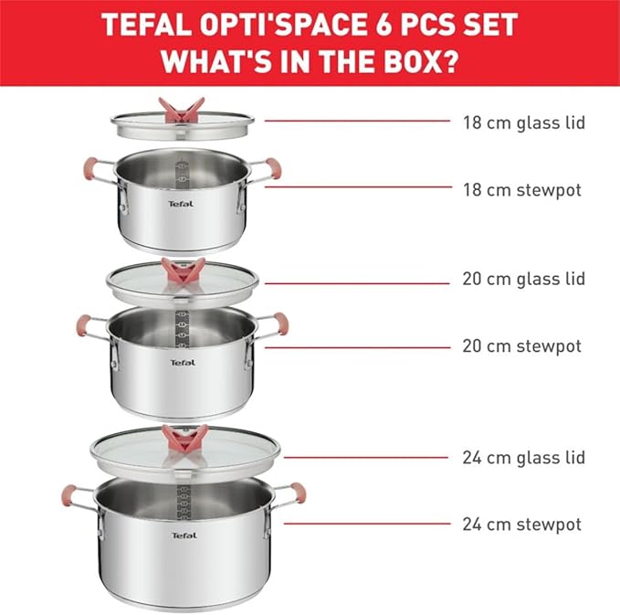 Tefal OptiSpace Stainless Steel 6 pcs Stewpots 18/20/24+lid (Orange)