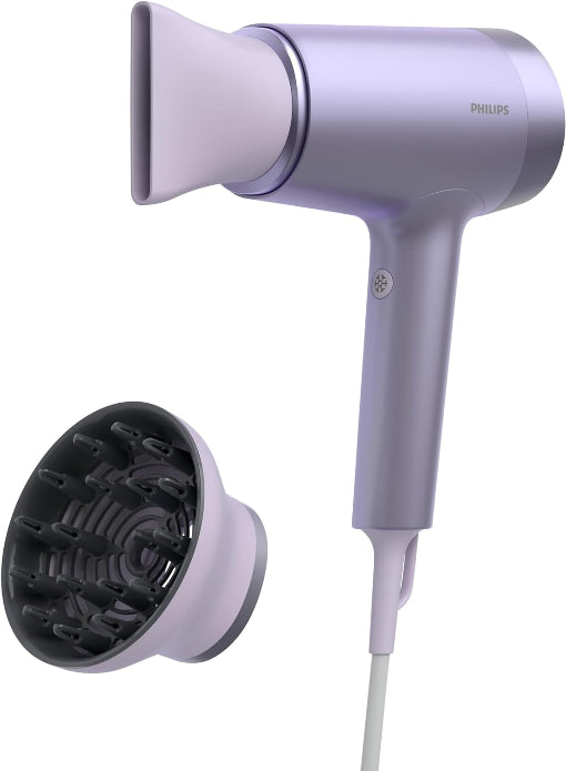 Philips 7000 Series Hair Dryer in Metallic Lilac color with a round diffuser attachment, displayed against a white background.