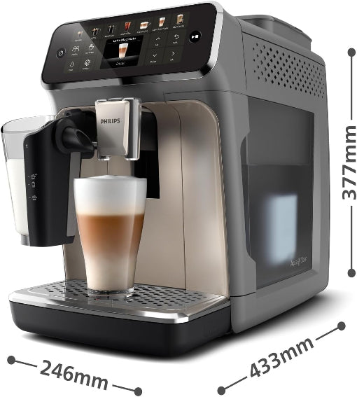 Philips coffee machine with a glass of coffee and dimensions displayed