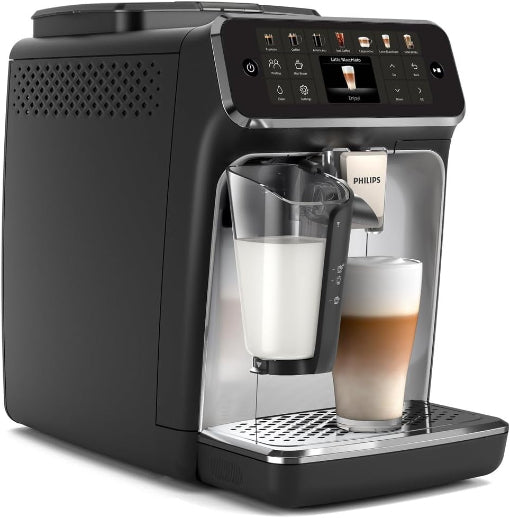 Black Philips coffee machine with a glass carafe and two cups of coffee on a white background
