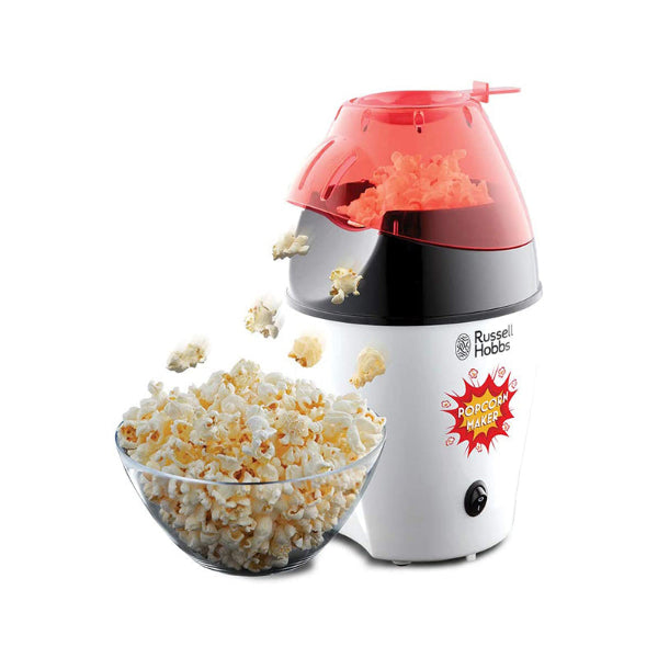 Russell Hobbs Popcorn Maker Fiesta in white color with a bowl of popcorn, featuring a red lid on top and a transparent front window.