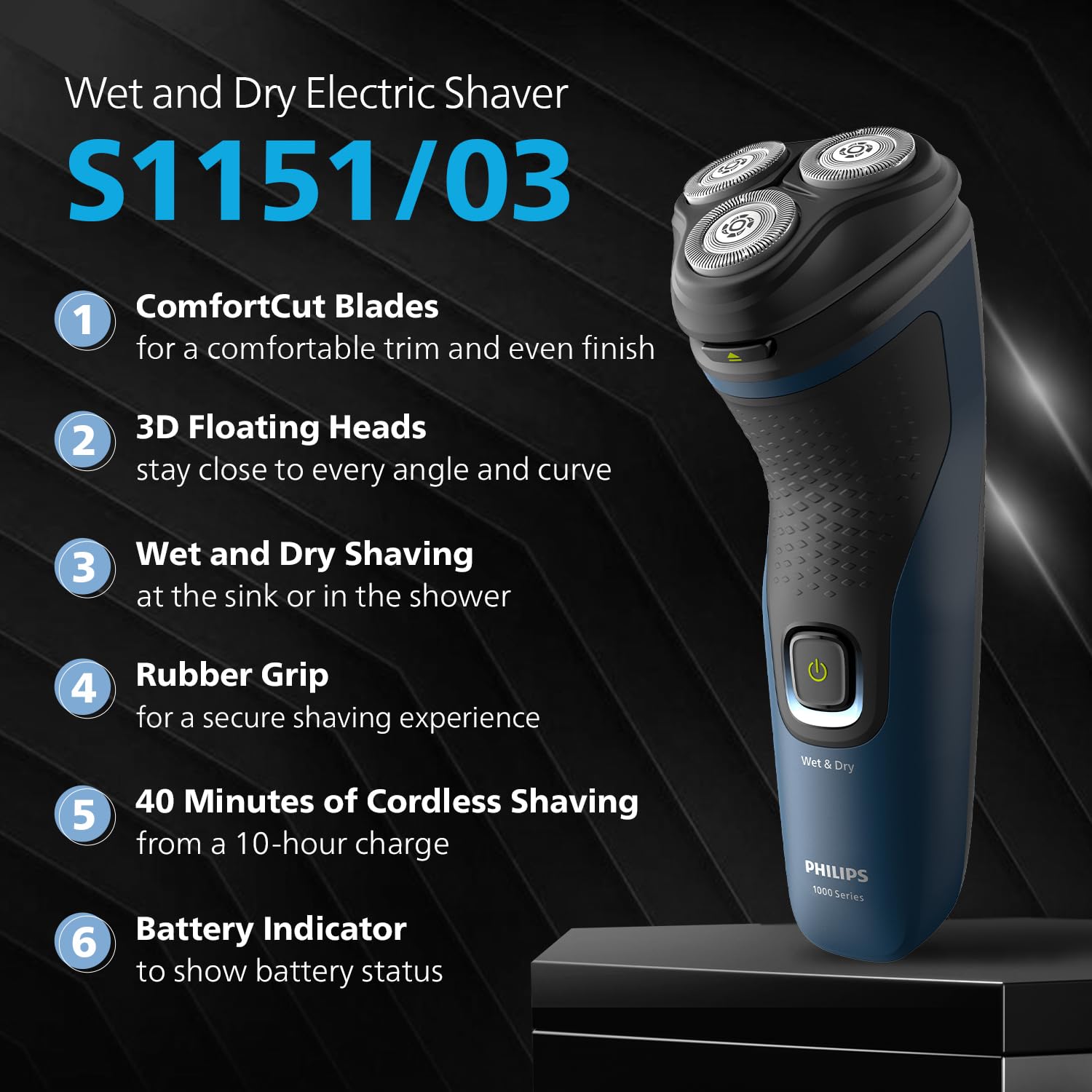 Philips S1151 Electric Shaver Series 1000 - Wet & Dry - 3D Floating Heads - 40 Min Runtime