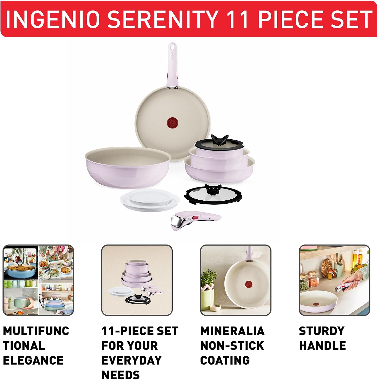 Tefal Ingenio Serenity 11-Piece Cookware Set Pink Clay Stackable Wok