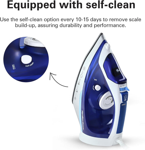 Hamilton Beach Steam Iron 2500W – Ceramic Soleplate & Auto-Shut Off (Blue)