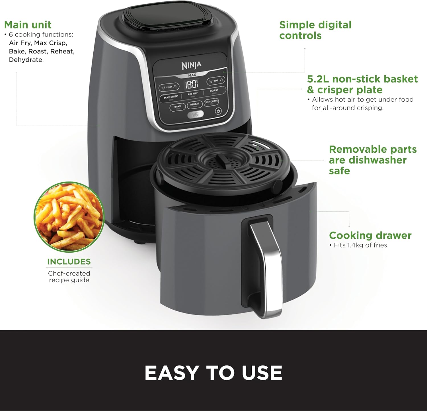 Ninja Air Fryer Max Xl , Max Crisp, Air Roast, Bake, Reheat, Dehydrate