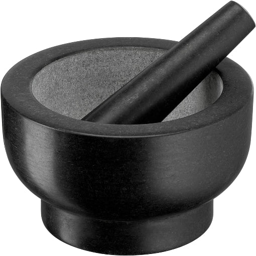 Black mortar and pestle on a white background