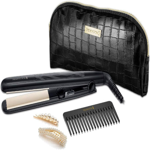 Black hair straightener with accessories and a black case on a white background