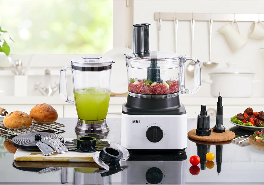Braun Food Processor 750W 2.1L Bowl 1.8L Blender Grate Whisk Mash White Set