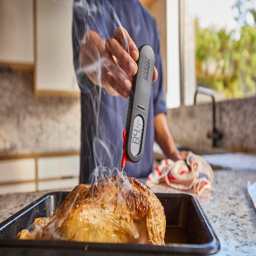 Person using a digital thermometer to check the temperature of a roasted turkey in a kitchen.