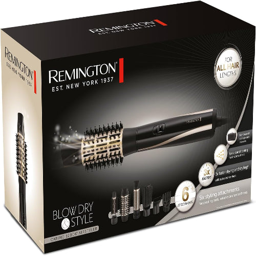 Remington hair styling tool packaging with a black and white design