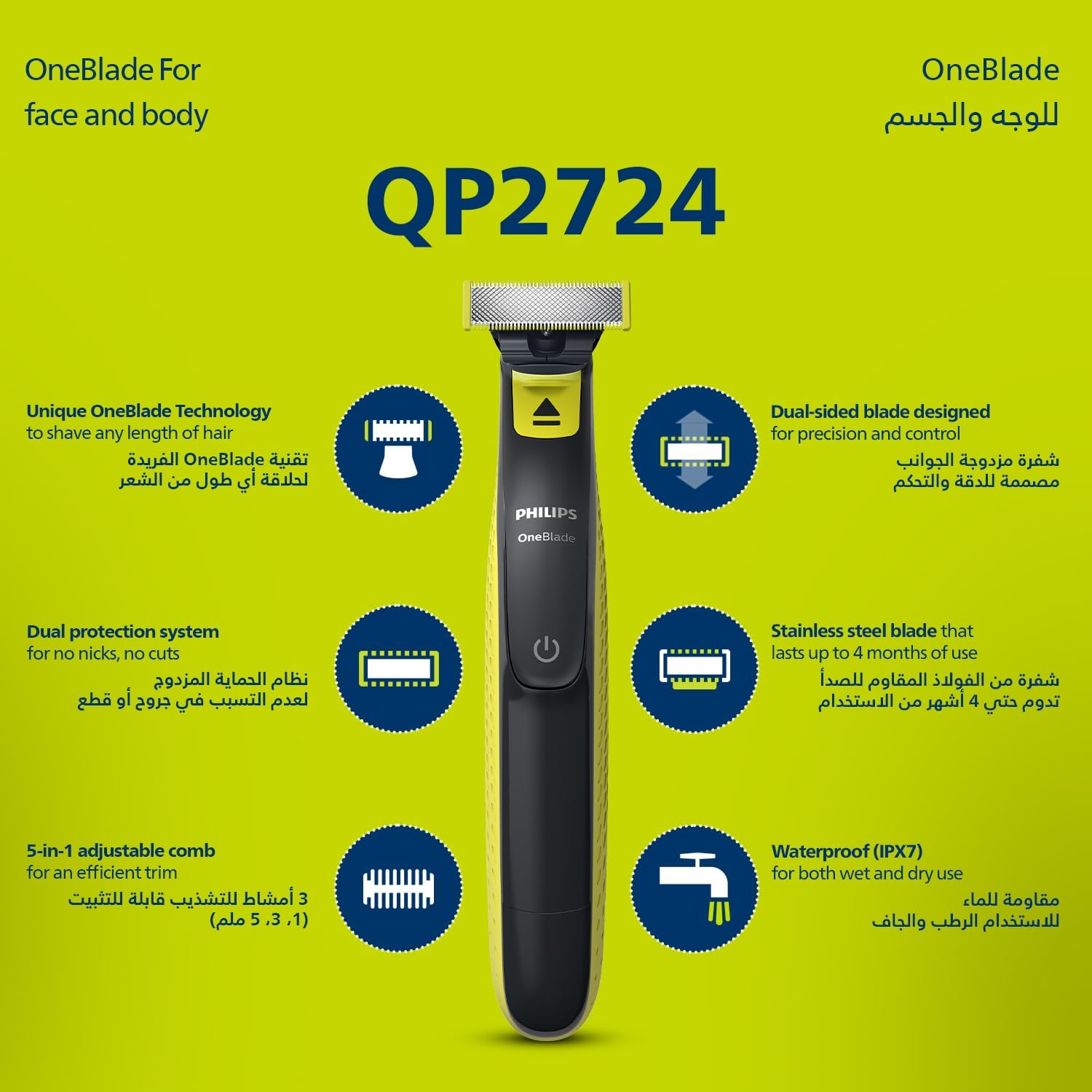 Philips QP2724/20 OneBlade Hybrid Trimmer & Shaver – 5-in-1 Comb