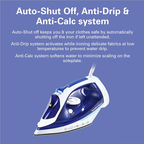 Hamilton Beach Steam Iron 2500W – Ceramic Soleplate & Auto-Shut Off (Blue)