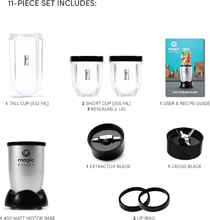 Magic Bullet 400W Blender & Mixer System – 9 Piece Set (Silver)